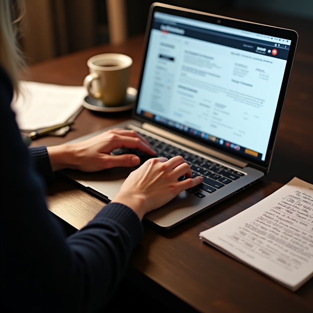 Professional reviewing salary data on a laptop screen, with job board listings visible, in a quiet office setting