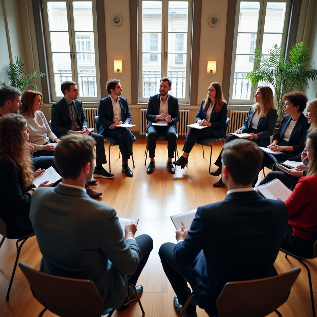 Twelve workshop participants seated in a circle, actively engaged in a role-play exercise during a salary negotiation workshop